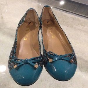 Unisa PATENT toe BALLERINAS  teal/tweed spectator flats with cute bow detail